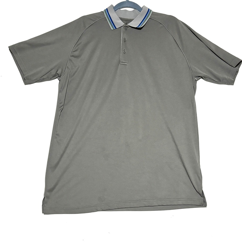 R&R Casuals Polo Shirt Mens Large Gray Short Sleeve Striped Collar Stained Front